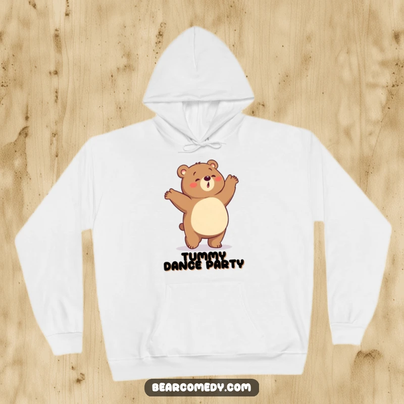 Funny hoodie with a bear having a rumbling tummy, caught in a silly, energetic dance, perfect for food lovers.