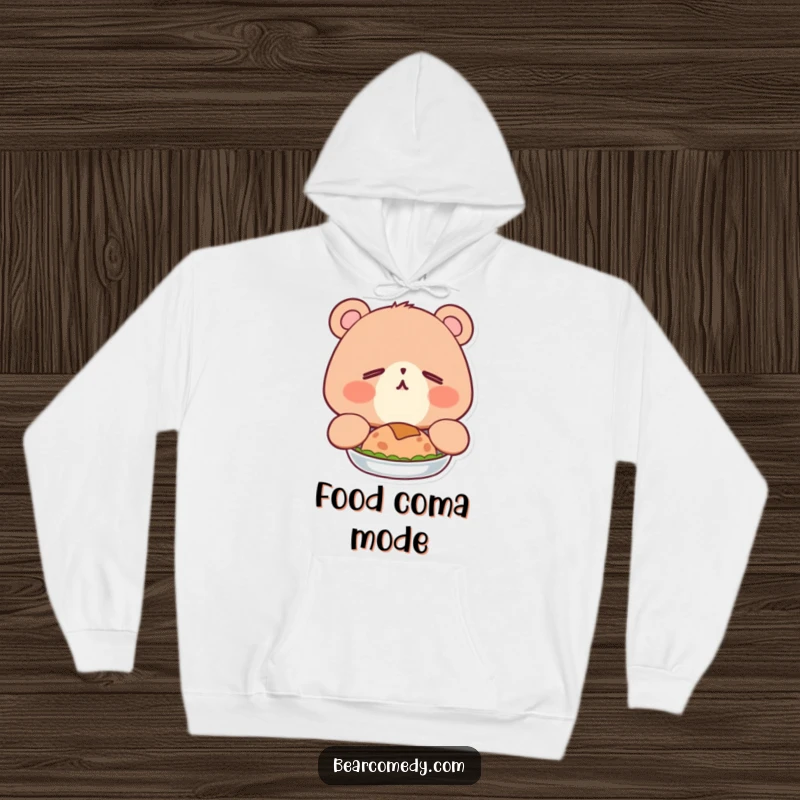 Funny hoodie showcasing a sleepy bear with happy eyes, adorably yawning after a large meal, perfect for ultimate coziness.