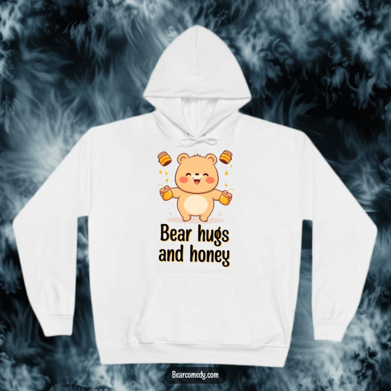 Funny bear hoodie showcasing a cheerful bear juggling honey pots, perfect for cozying up with a dose of laughter and sweetness.