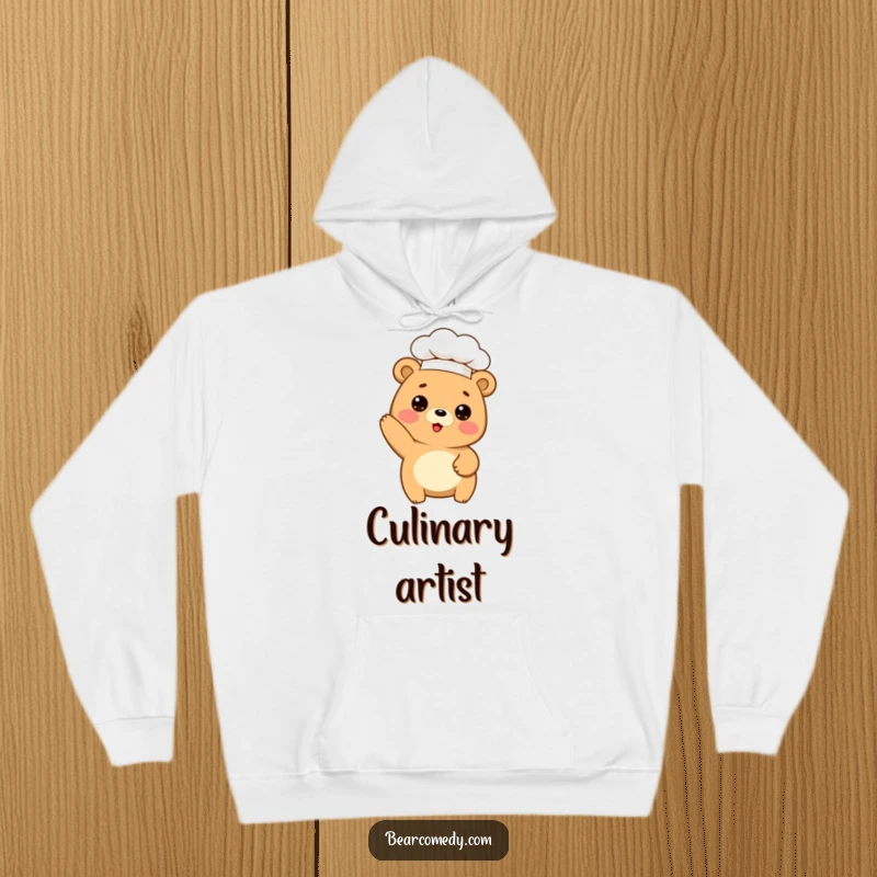 Funny hoodie with a charming bear character in a chef hat, humorously posing for a baking session, perfect for cozy chefs.