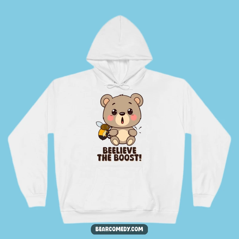 Funny Bear Bee Boost Hoodie: Cozy Surprise as Bear Gets Bumblebee Lift, Great Funny Gift!