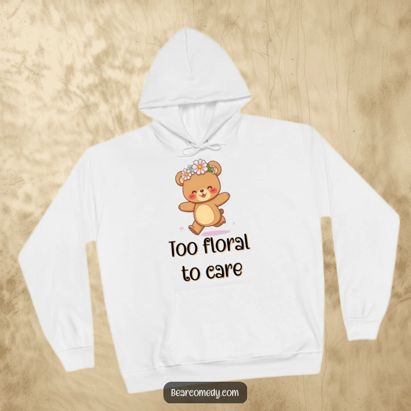 Funny bear hoodie depicting a bear character joyfully galloping with a playful, askew flower crown, radiating happiness.