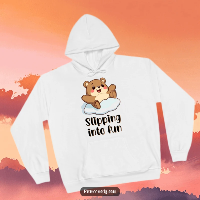 Funny hoodie featuring a bear character comically sliding on ice, eyes wide with surprised delight, perfect for embracing winter's amusement.
