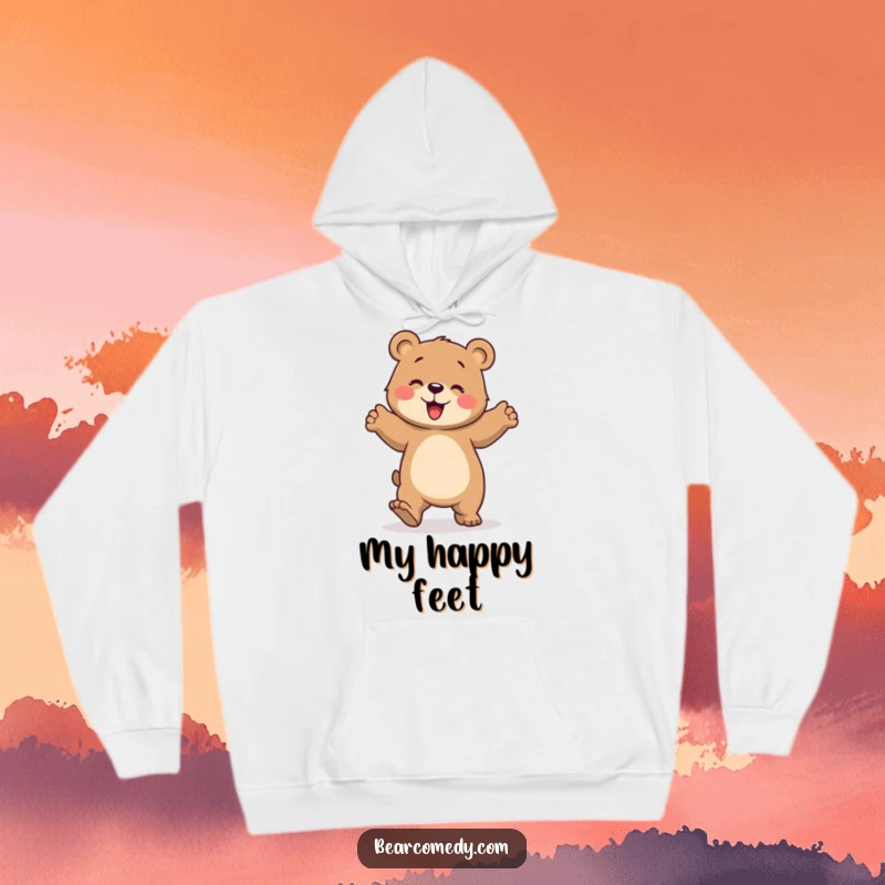 Funny hoodie featuring a bear character lost in a clumsy, joyful dance, with paws stomping rhythmically to an unseen beat.