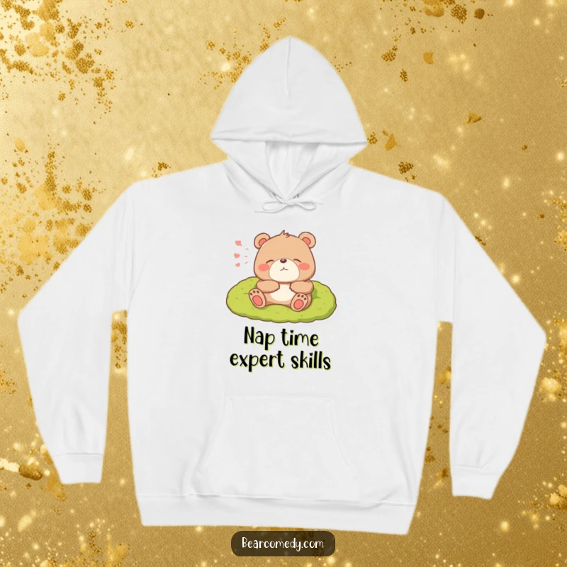 Funny hoodie depicting a bear character exhaling a big, happy sigh while lounging contentedly on a soft, mossy bed.