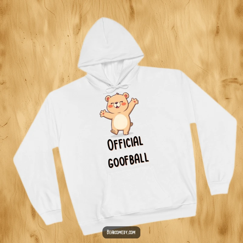 Funny hoodie with a lovable bear character performing a comically clumsy and ecstatic dance, perfect for anyone with a great sense of humor.