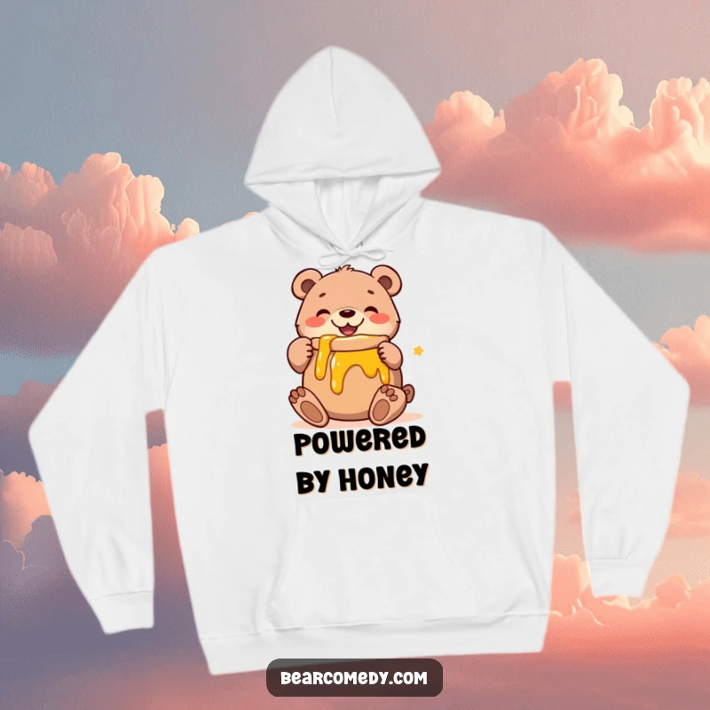 Funny hoodie depicting a joyful bear character embracing a massive pot of golden honey, symbolizing comfort, happiness, and a sweet addiction.