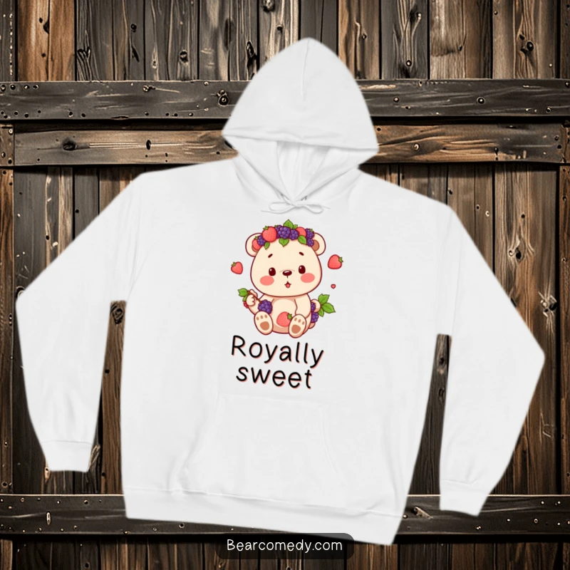 Funny hoodie featuring a bear character wearing a natural crown of berries, looking content and enjoying its delicious, sweet harvest.