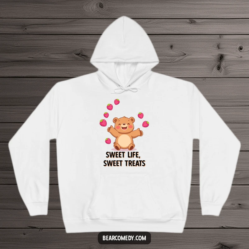 Funny bear hoodie featuring a happy bear juggling bright, bouncing berries, perfect for cozying up with a dose of fruity humor.