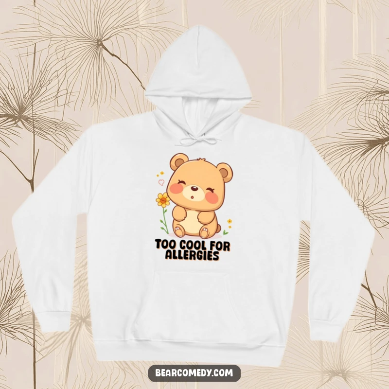 Funny hoodie graphic of a content bear character releasing a gentle puff of pollen with a happy, sighing expression, perfect for cozy relaxation.