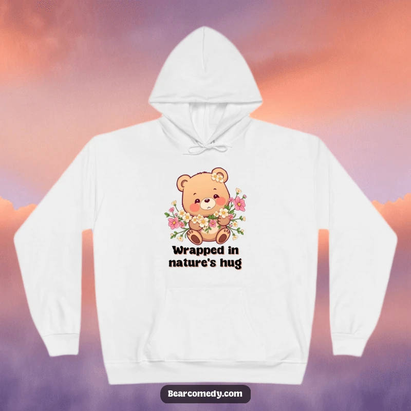 Funny hoodie graphic: A bear is adorably tangled in a beautiful flower garland, exuding playful charm and sweetness.