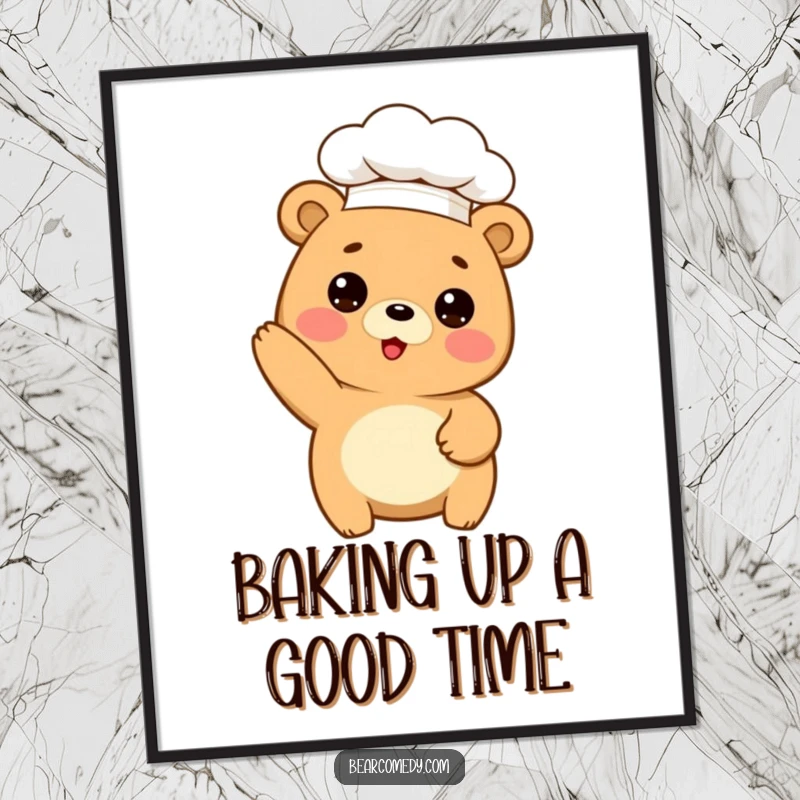 Funny Free Printable Wall Art: A bear sporting a chef hat, humorously striking a baking pose, ready to create.