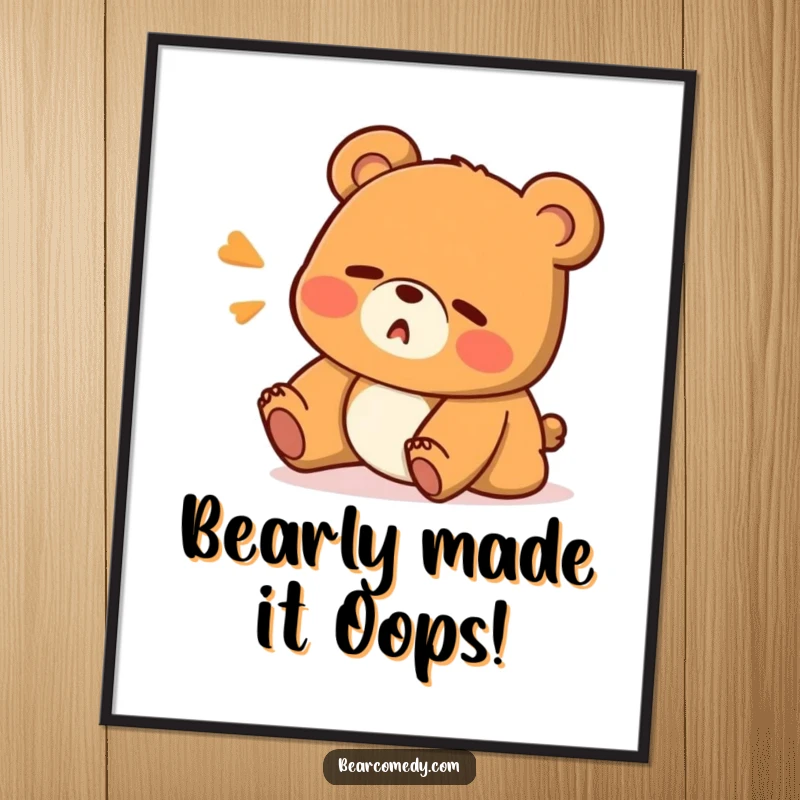 Funny free printable wall art of a clumsy bear stumbling with a surprised oops face, a humorous downloadable decoration.