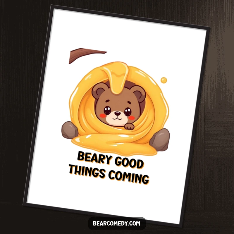 Funny Free Printable Wall Art: A cute bear peeking from a giant, swirling honey stream, adding sweet, humorous decor to any room.