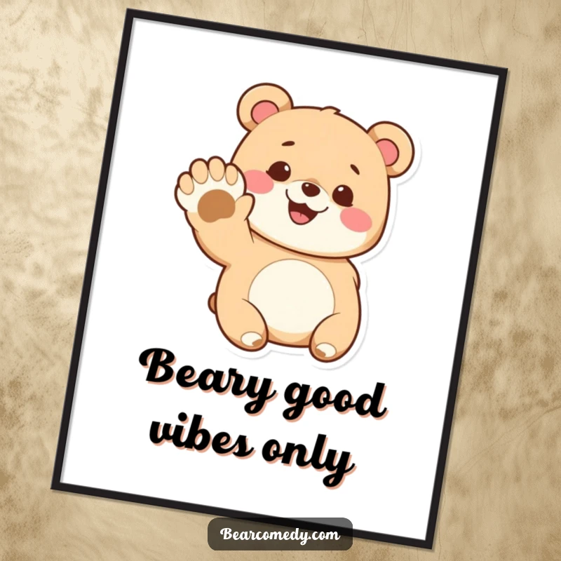 Funny free printable wall art of a cute bear with a happy grin waving a comically large paw. Whimsical and cheerful decor.