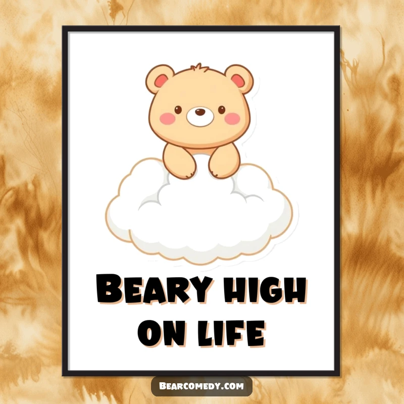 Funny Free Printable Wall Art: A cheerful bear rides a soft white cloud, creating whimsical and humorous home decor.