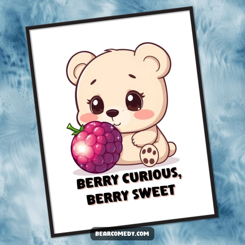 Funny Free Printable Wall Art: A bear with wide, innocent eyes curiously sniffs a giant, sparkling berry.
