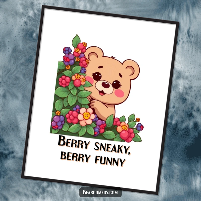 Funny Free Printable Wall Art of a bear with a mischievous twinkle playfully peeking from a berry bush.