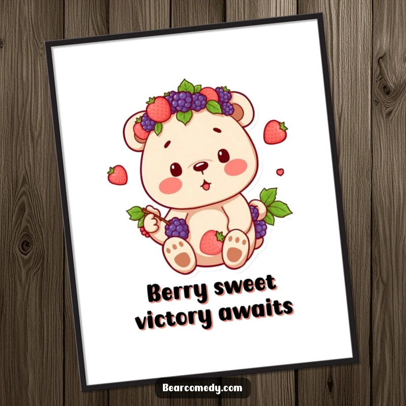 Funny Free Printable Wall Art: Bear adorned with a crown of fresh berries, relishing its sweet bounty.