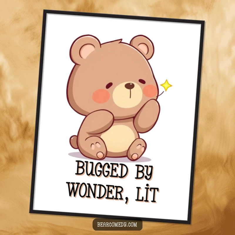 Funny Free Printable Wall Art of a curious bear tilting its head, captivated by a sparkling firefly.