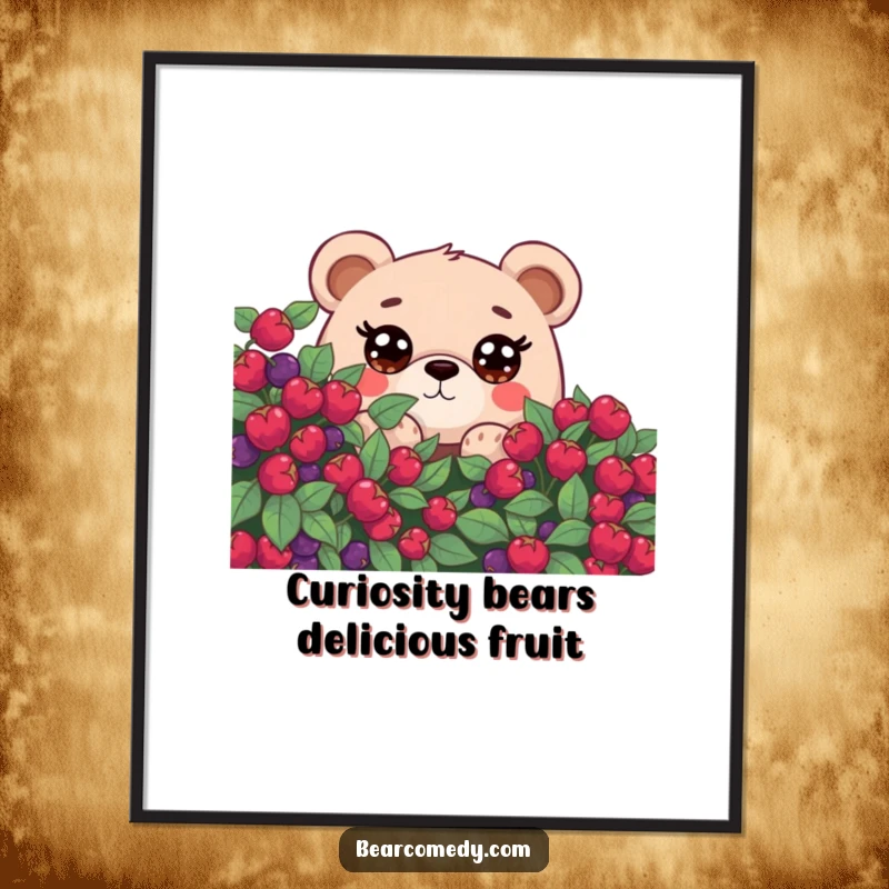 Funny Free Printable Wall Art: A bear with large, inquisitive eyes, playfully peeking from behind a vibrant berry bush.