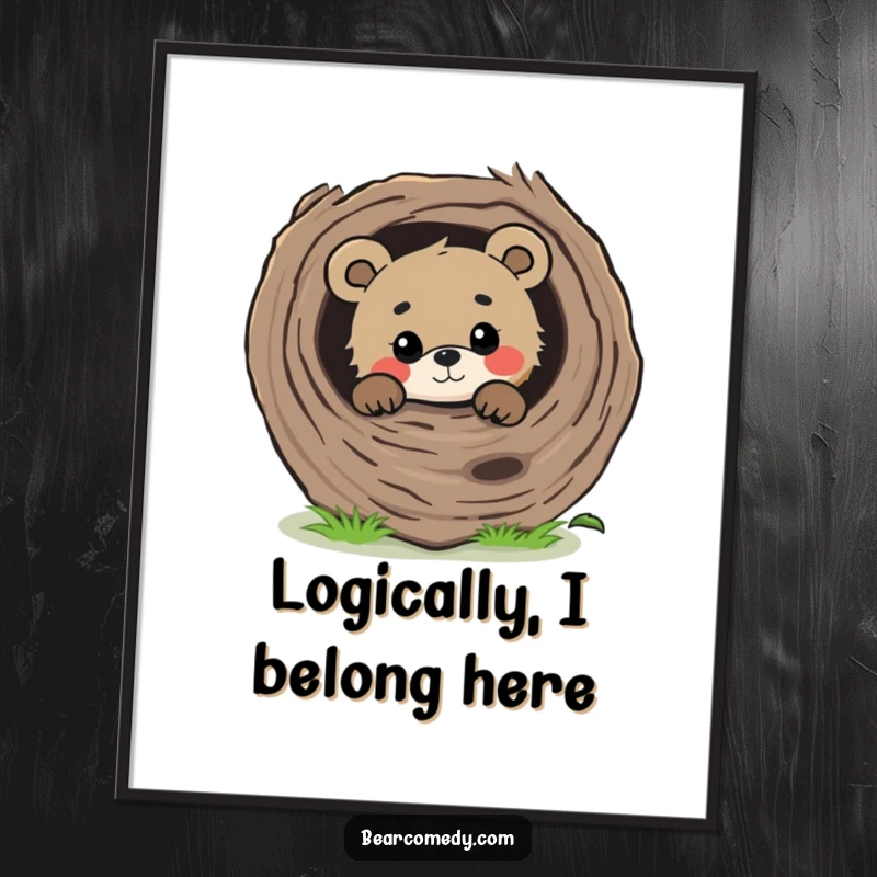 Funny Free Printable Wall Art: A bear with a gentle gaze peeking from behind a large fallen log, inviting quiet contemplation.