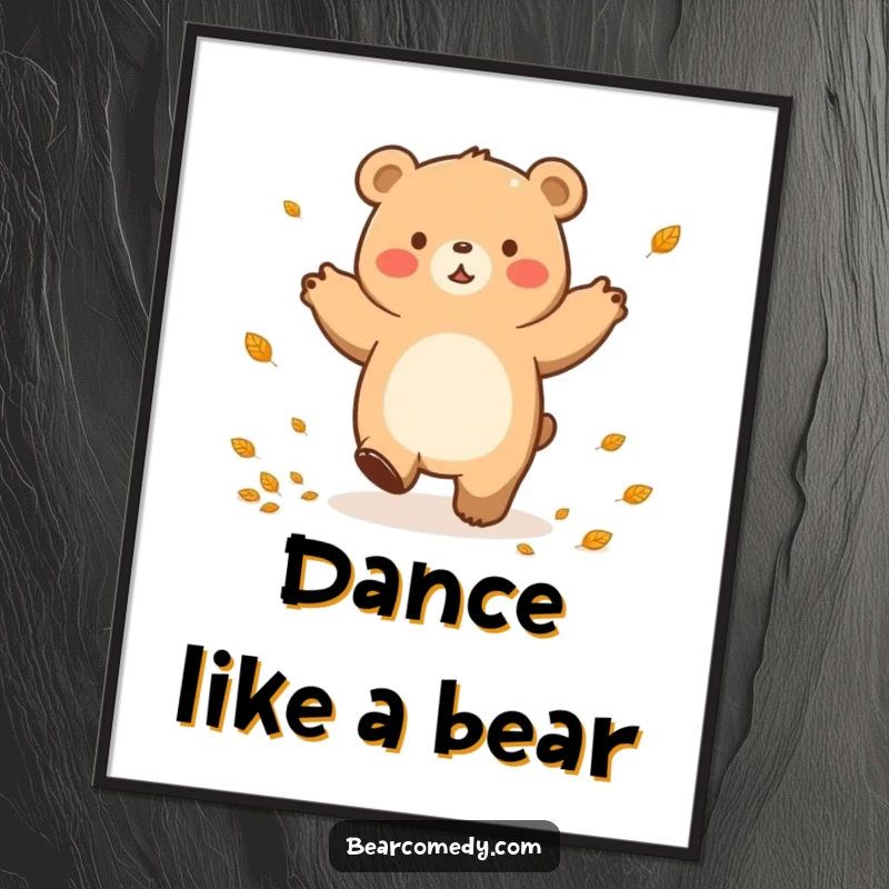 Funny Free Printable Wall Art: A bear in a joyful lumbering dance is surrounded by a cascade of small, colorful leaves.