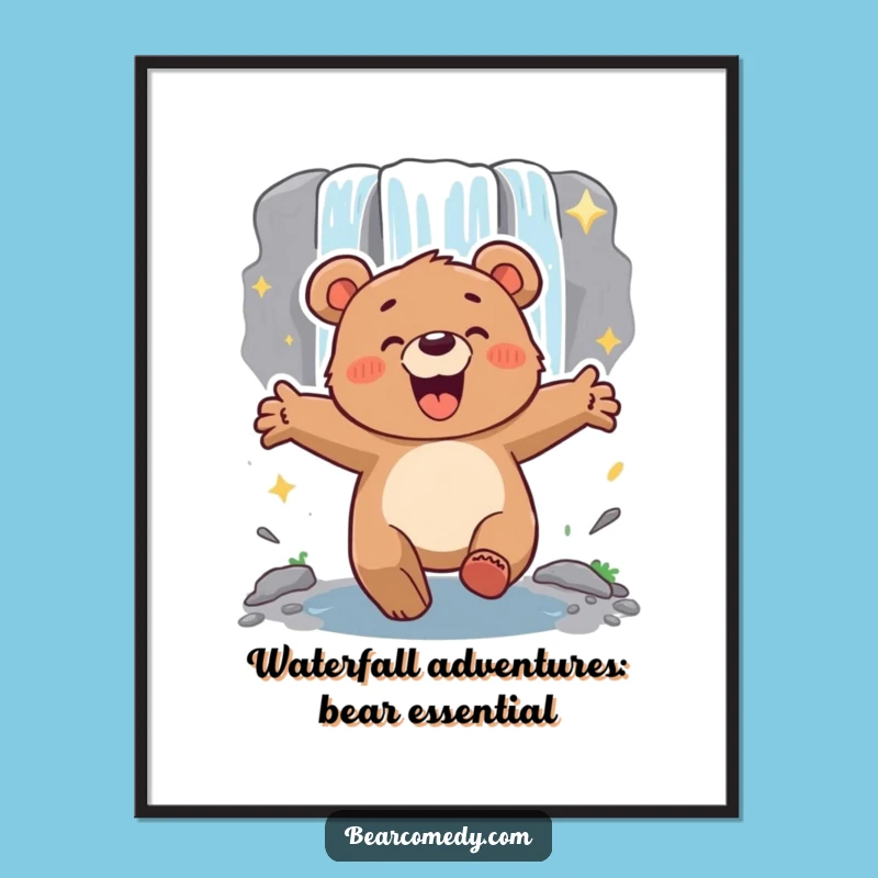 Excited Bear Waterfall Free Printable Wall Art - Energetic Downloadable Decor