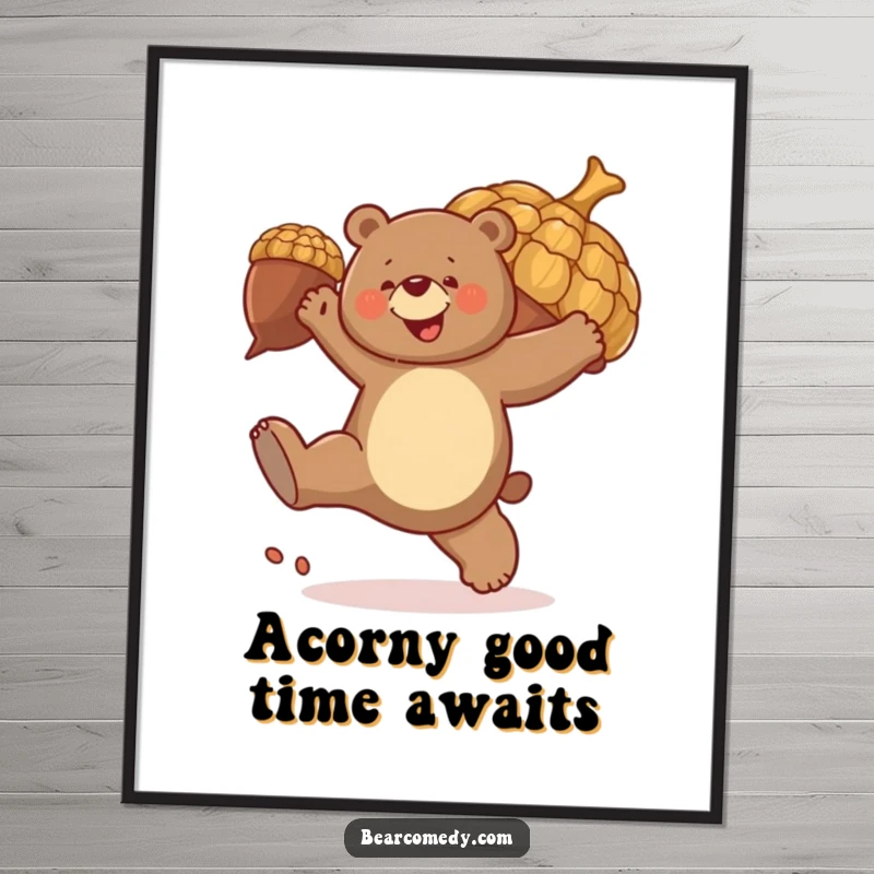 Funny Free Printable Wall Art: A bear joyfully kicks a giant bouncing acorn, adding playful and humorous decor.