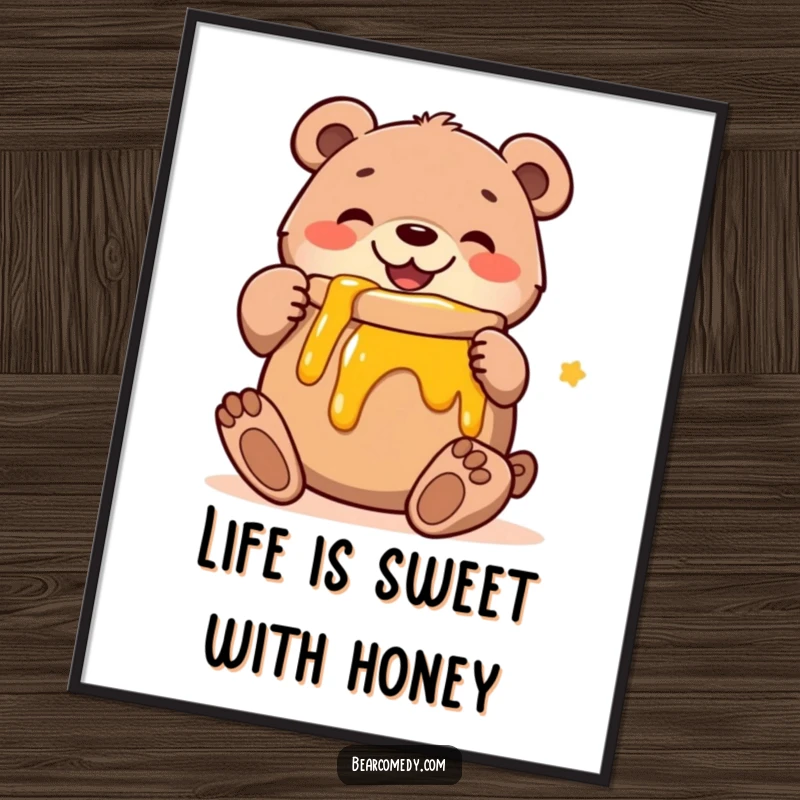 Funny Free Printable Wall Art: A cheerful bear giving a massive, happy hug to an enormous pot of honey.