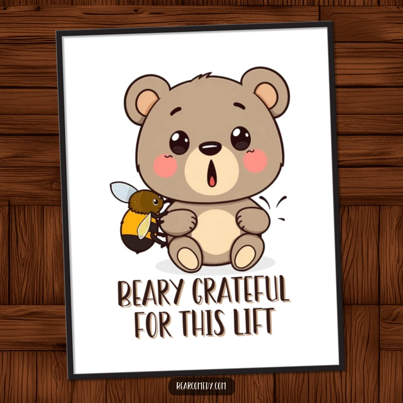 Funny Free Printable Wall Art: A surprised bear gets a helpful boost from a flying bumblebee, creating humorous home decor.
