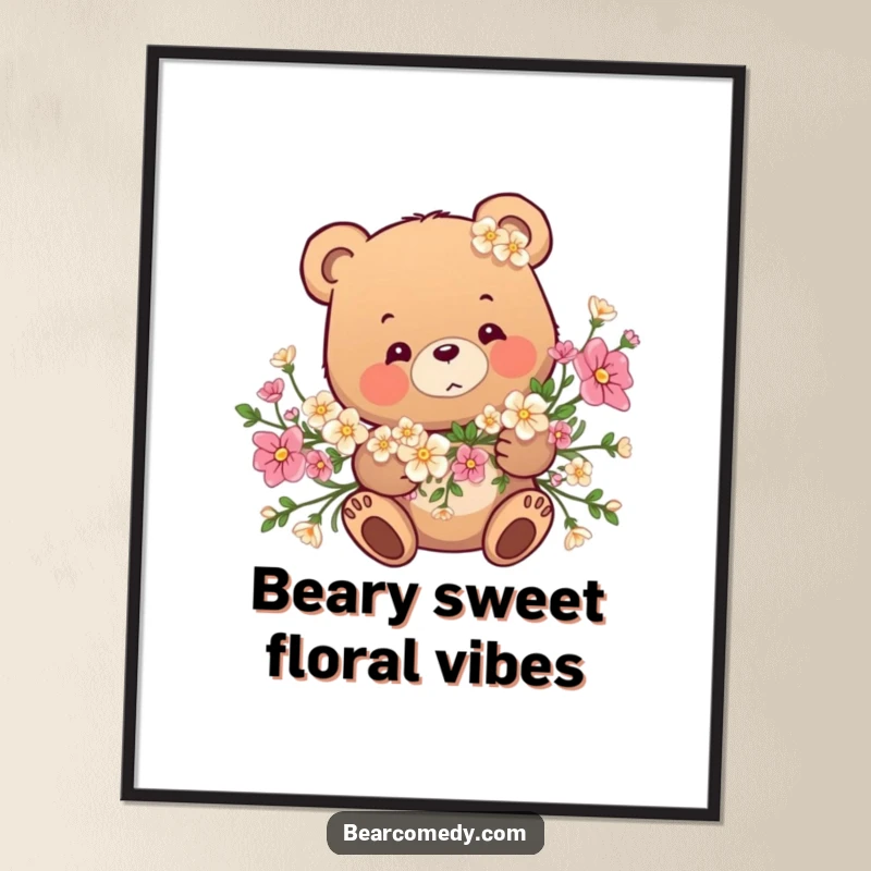Funny Free Printable Wall Art: A bear playfully entangled in a sweet garland of flowers, adding whimsical decor.