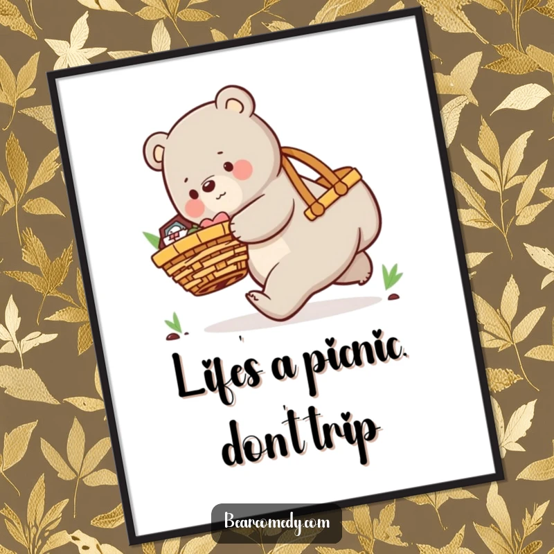 Funny Free Printable Wall Art: A playful bear hilariously tripping while carrying a giant picnic basket, perfect for a humorous home.