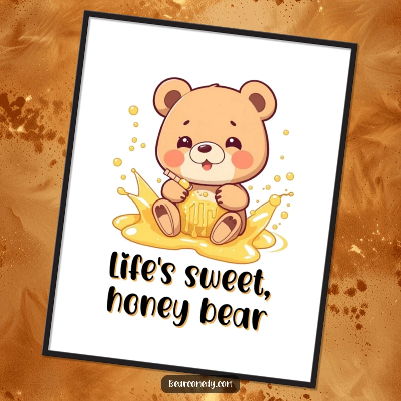 Funny Free Printable Wall Art: A bear gleefully splashes in a bubbly, golden stream of honey, creating a delightful, whimsical scene.