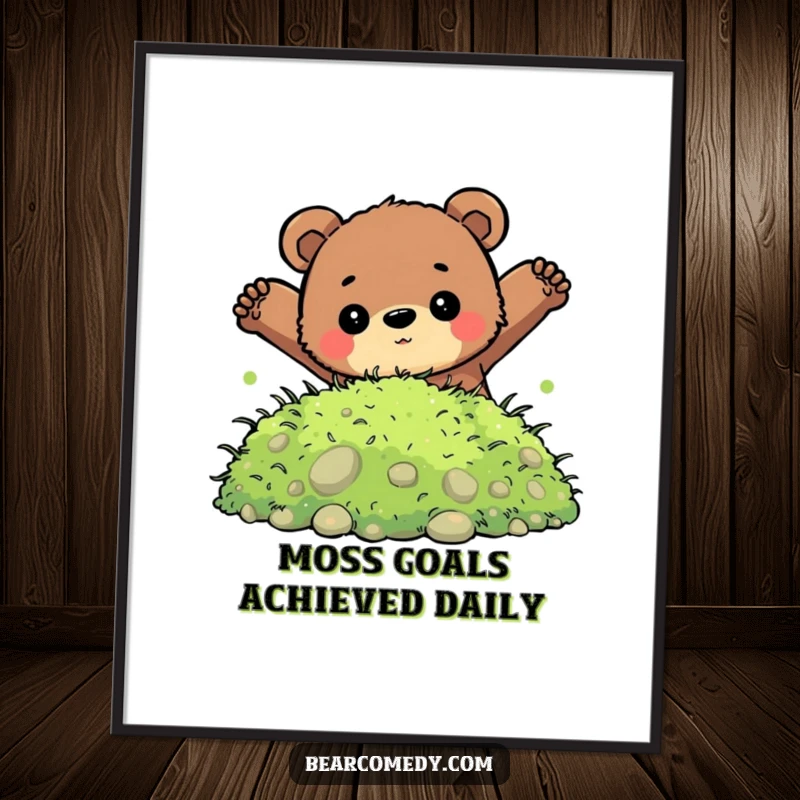 Funny Free Printable Wall Art: A bear with a determined gaze leaps into a fluffy, inviting pile of lush green moss.