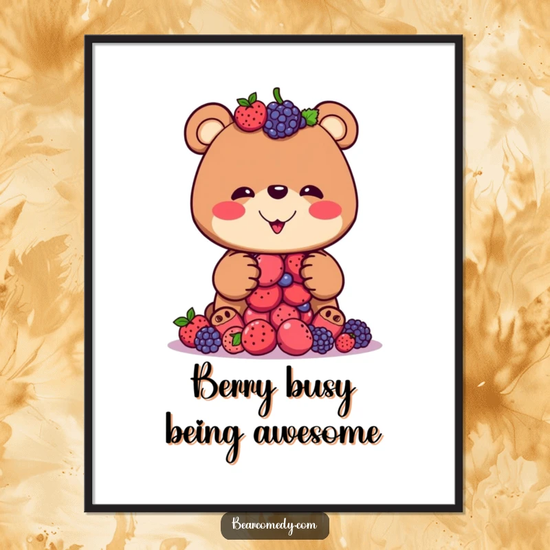 Funny Free Printable Wall Art: A bear with a wide, silly grin precariously balances a tall stack of colorful berries, ready to drop.