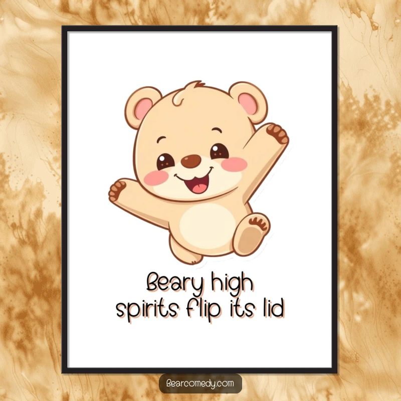 Funny Free Printable Wall Art: A happy bear cub doing a somersault with a big grin, an energetic downloadable art piece.
