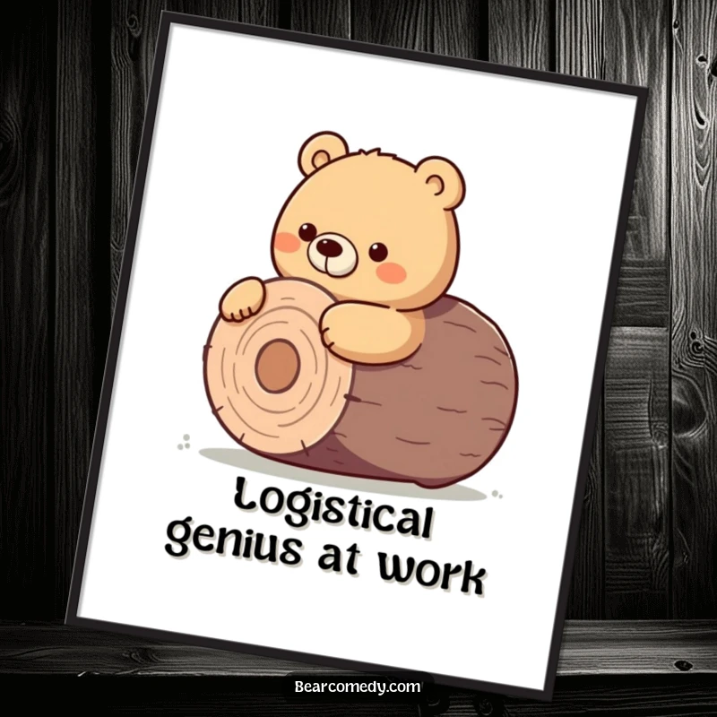 Funny Free Printable Wall Art: A bear character with intense focus nudges a giant, round log, demonstrating sheer determination and strength.