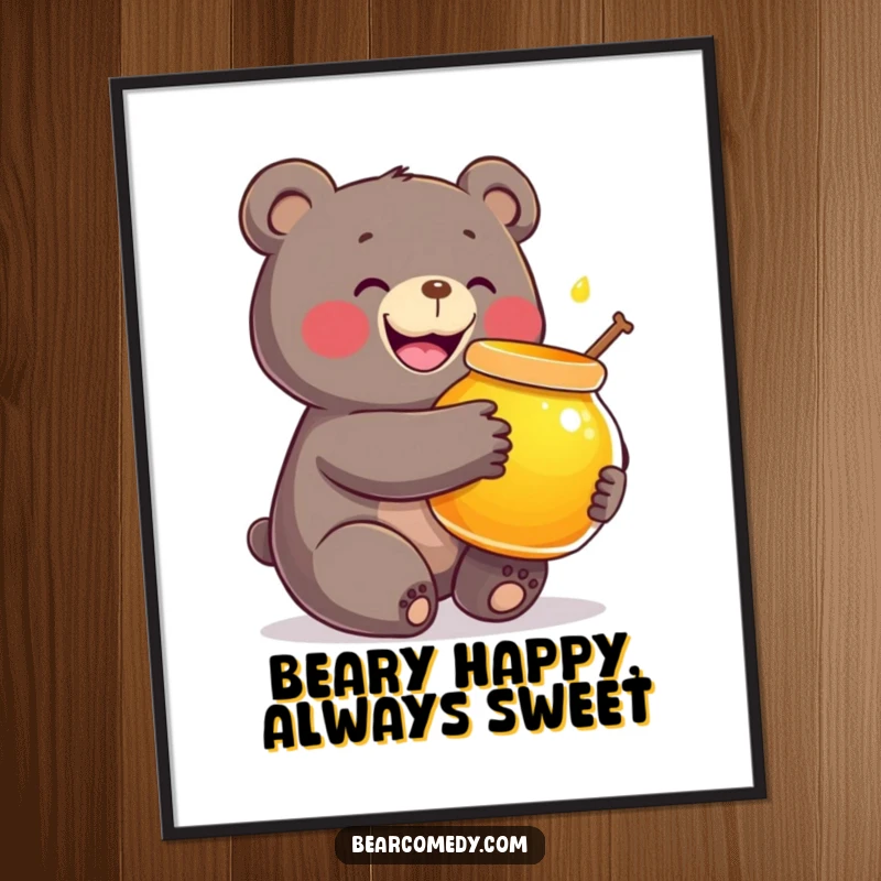 Funny Free Printable Wall Art: A bear with a massive grin tightly hugging a large, glowing honey pot, exuding pure bliss.