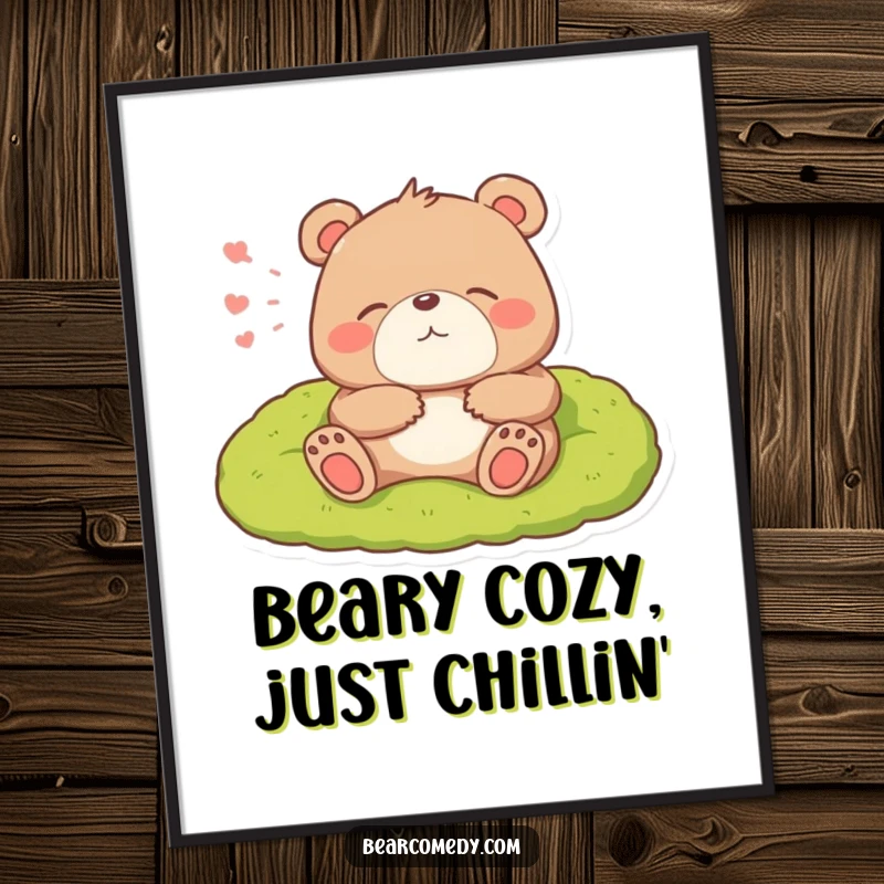 Funny Free Printable Wall Art: A bear exhales a happy sigh from its cozy, mossy bed, embodying ultimate relaxation and comfort.