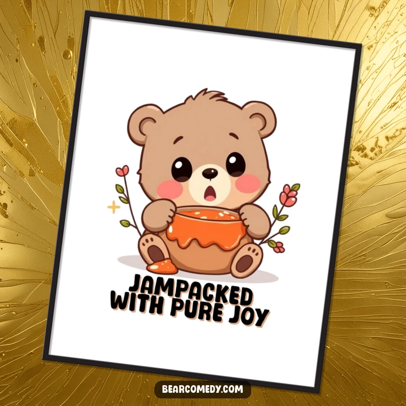 Funny Free Printable Wall Art: A bear character emits a tiny, surprised squeak upon uncovering a hidden, delectable pot of sweet jam.