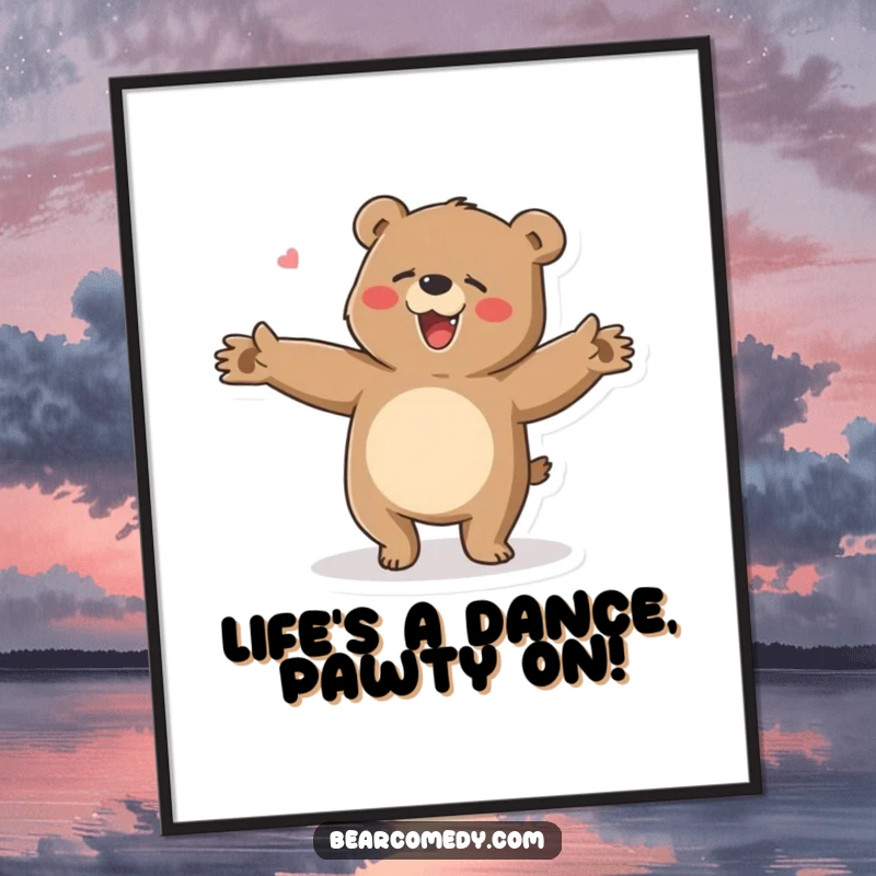 Funny Free Printable wall art, bear doing a clumsy happy dance, arms flailing with joy, humorous downloadable decor.