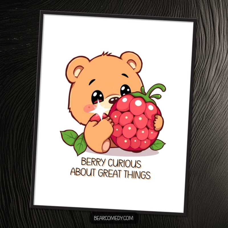 Funny Free Printable wall art, bear curiously sniffing giant sparkling berry, wide innocent eyes, charming downloadable decor.