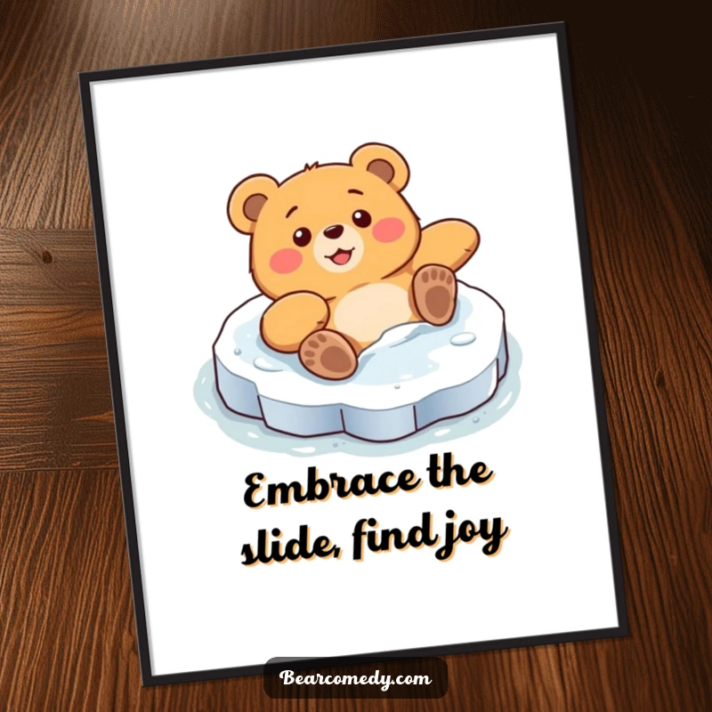 Funny Free Printable wall art, bear comically sliding on slick icy patch, surprised delight, humorous downloadable decor.