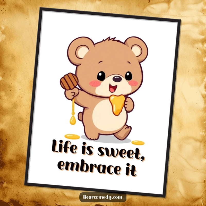 Funny free printable wall art of a bear with oversized ears tripping comically while holding honey. Quirky and humorous decor.