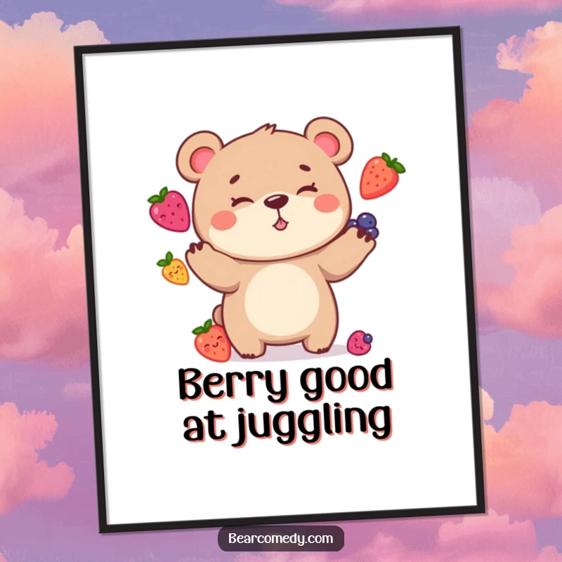 Funny Free Printable Wall Art: A bear character with a goofy grin attempting to juggle a pile of colorful berries.