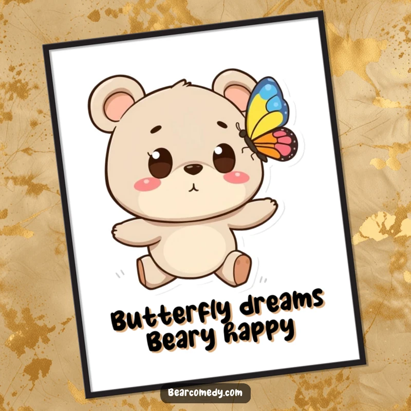 Funny free printable wall art depicting a bear with wide eyes enthusiastically chasing a colorful butterfly, downloadable decor.