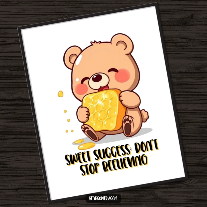 Funny Free Printable Wall Art: A happy bear enthusiastically devours a gigantic, shimmering honeycomb, a feast for the eyes.