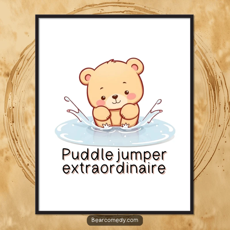 Funny Free Printable Wall Art: A bear animal playfully splashing in a clear puddle, radiating pure joy and fun.
