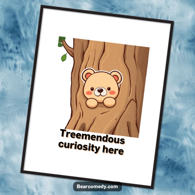 Funny Free Printable Wall Art: Playful bear peeking curiously from concealment behind a thick tree.